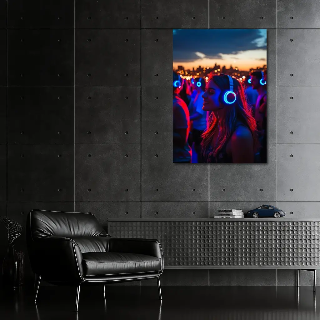 Woman Glowing Headphones Neon Night Crowd – Wall Art
