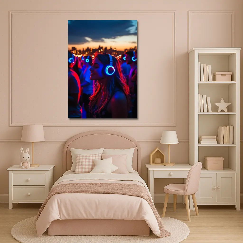 Woman Glowing Headphones Neon Night Crowd – Wall Art