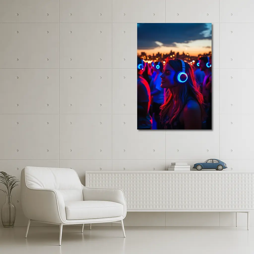 Woman Glowing Headphones Neon Night Crowd – Wall Art