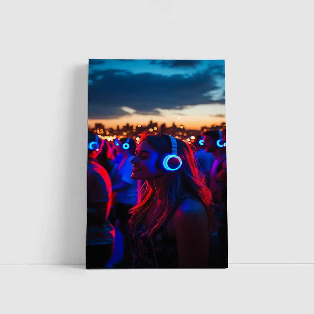 Woman Glowing Headphones Neon Night Crowd – Wall Art