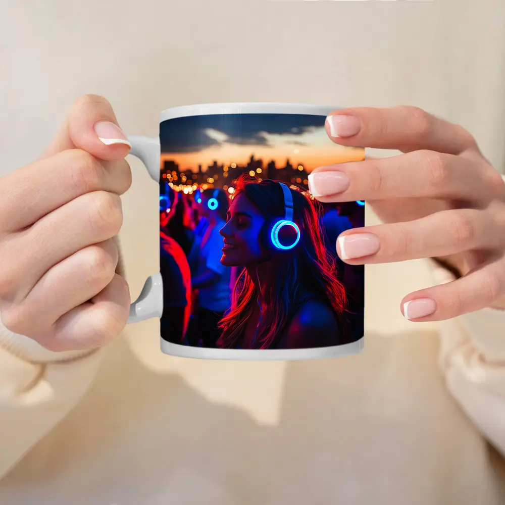 Woman Glowing Headphones Neon Night Crowd – Mugs