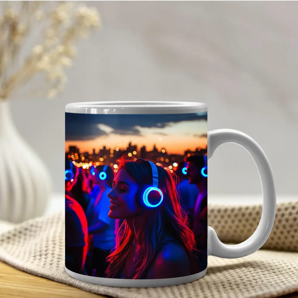 Woman Glowing Headphones Neon Night Crowd – Mugs