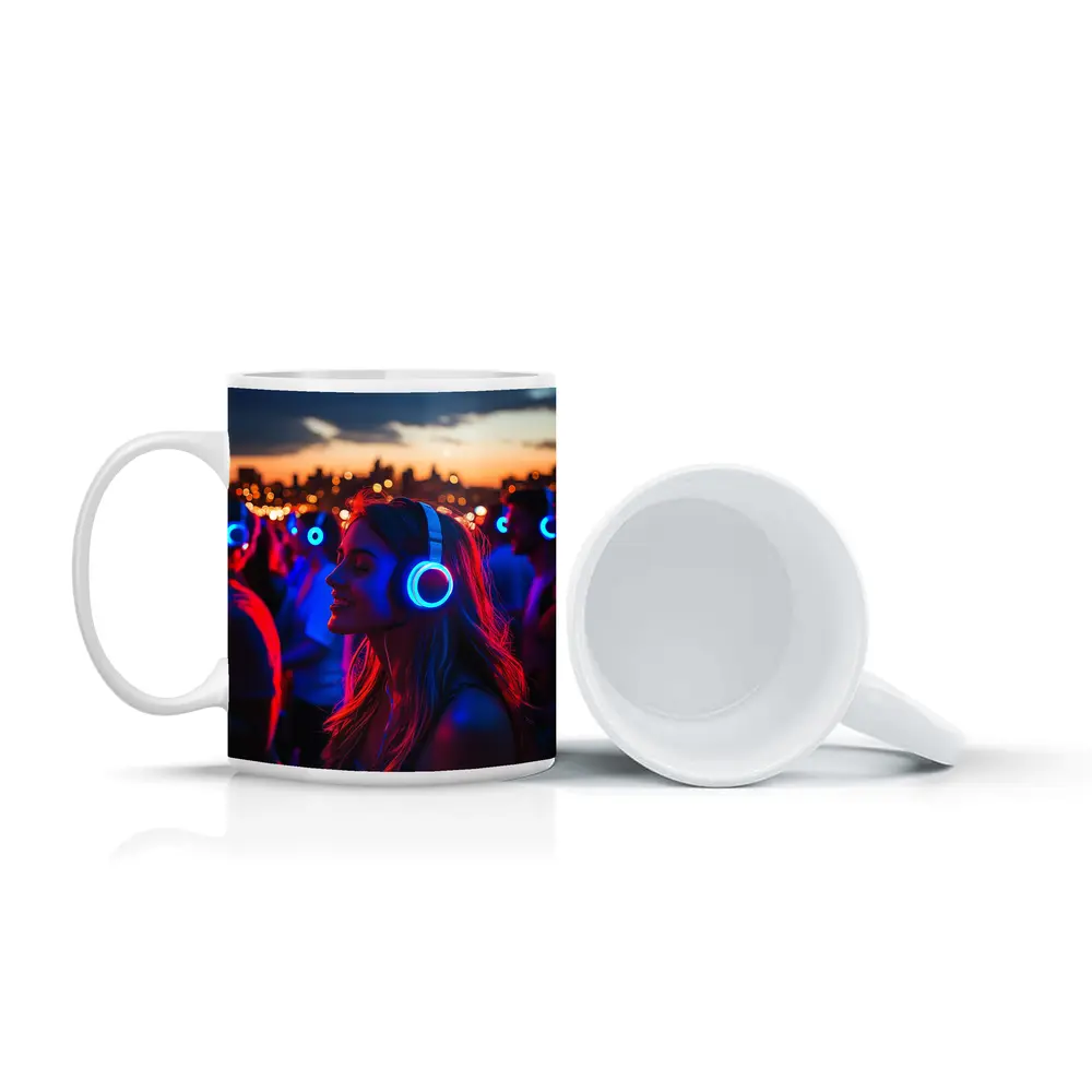 Woman Glowing Headphones Neon Night Crowd – Mugs