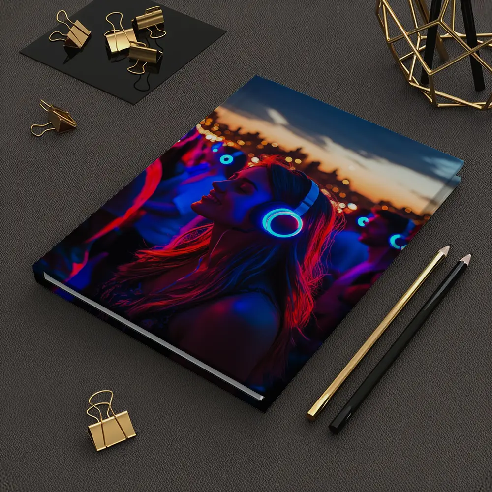 Woman Glowing Headphones Neon Night Crowd – Notebooks