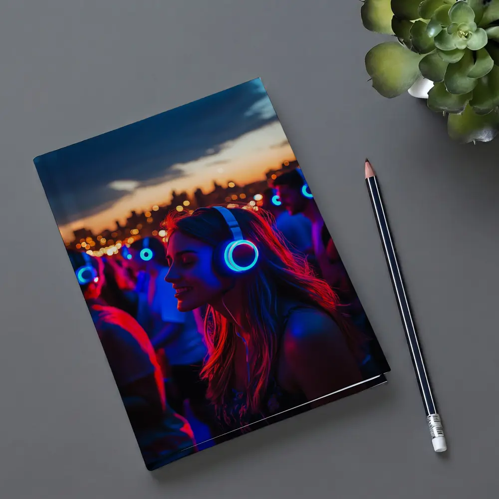 Woman Glowing Headphones Neon Night Crowd – Notebooks