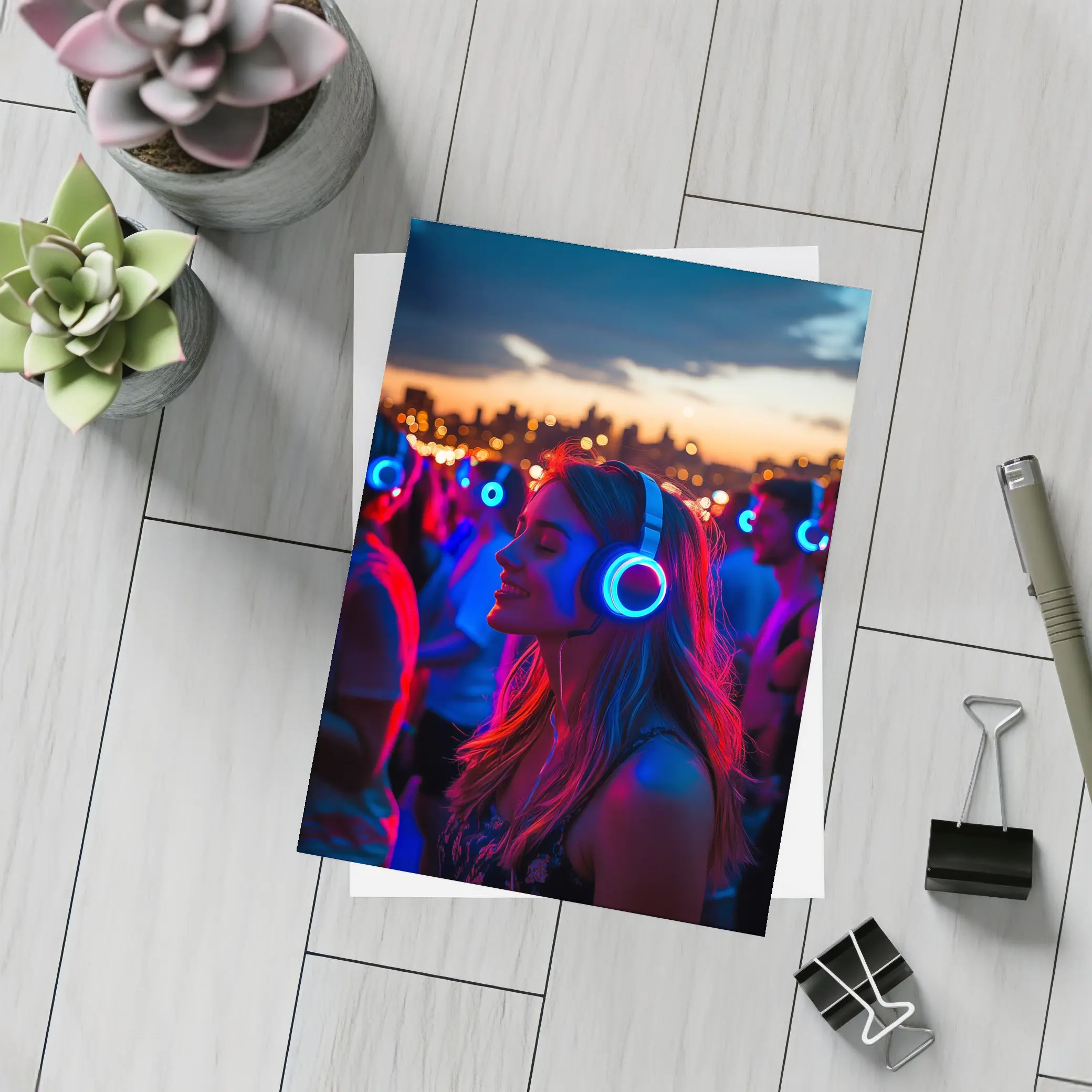 Woman Glowing Headphones Neon Night Crowd – Postcards