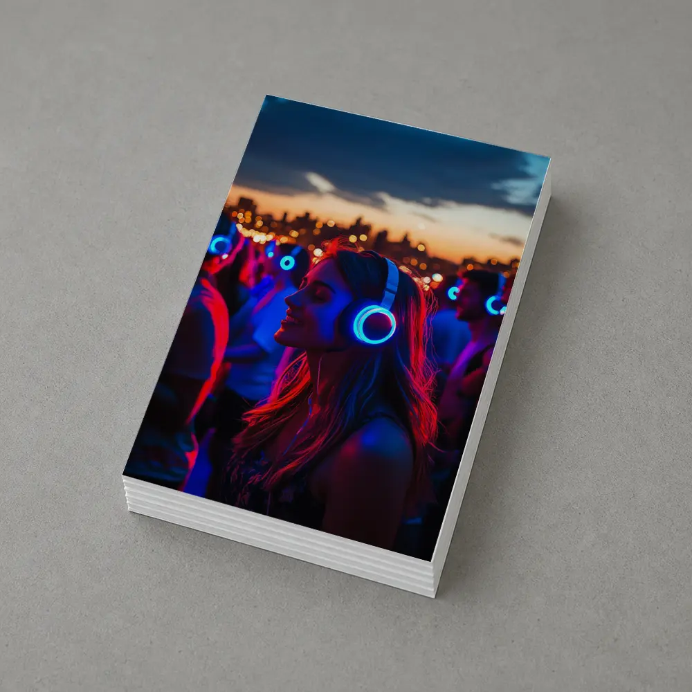 Woman Glowing Headphones Neon Night Crowd – Postcards