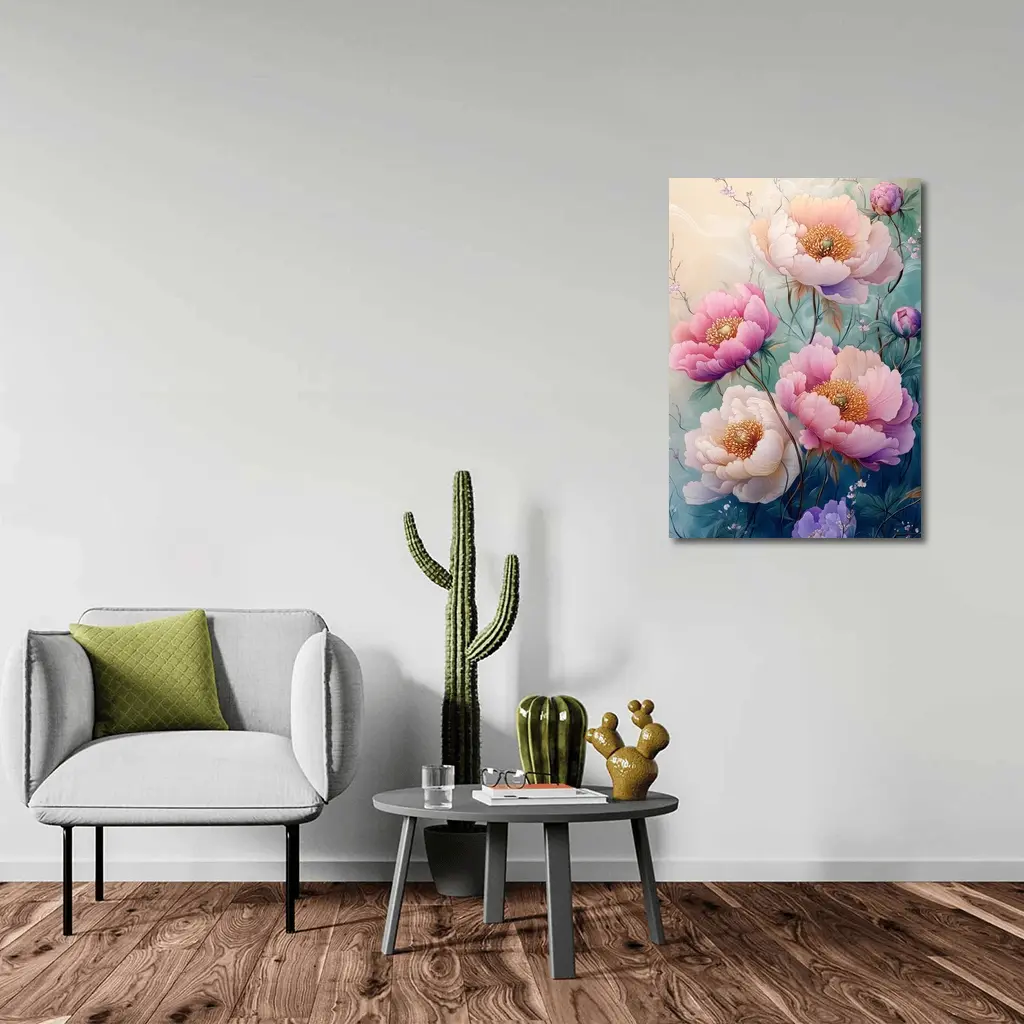 Pink Peony Flowers Soft Teal Background Art – Wall Art