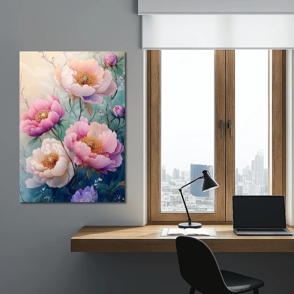 Pink Peony Flowers Soft Teal Background Art – Wall Art