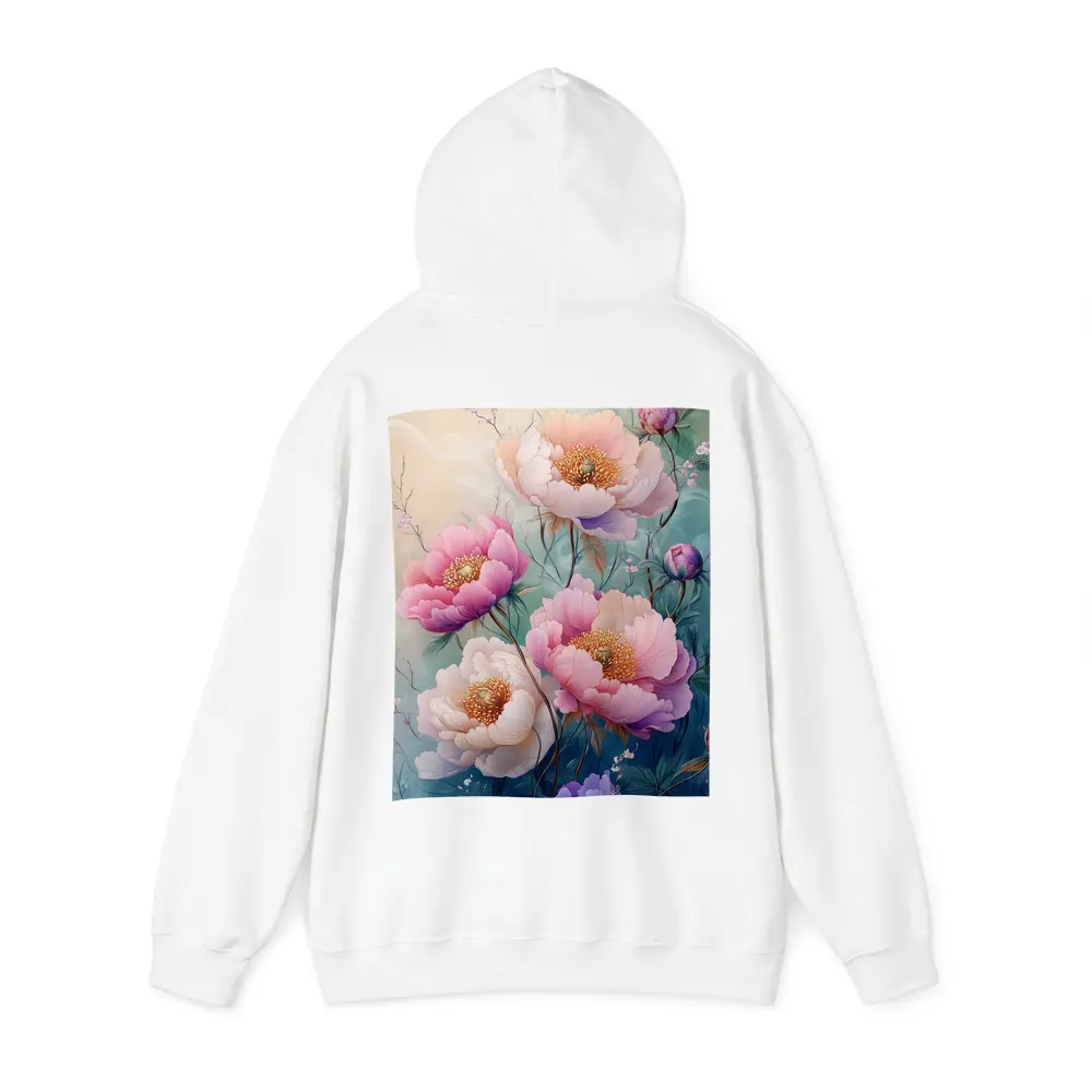 Pink Peony Flowers Soft Teal Background Art – Hoodies