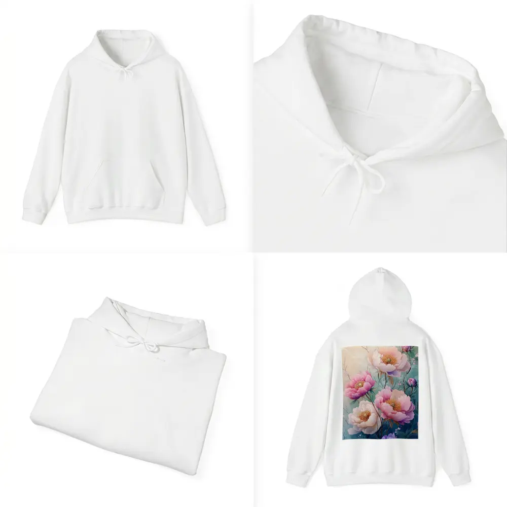 Pink Peony Flowers Soft Teal Background Art – Hoodies