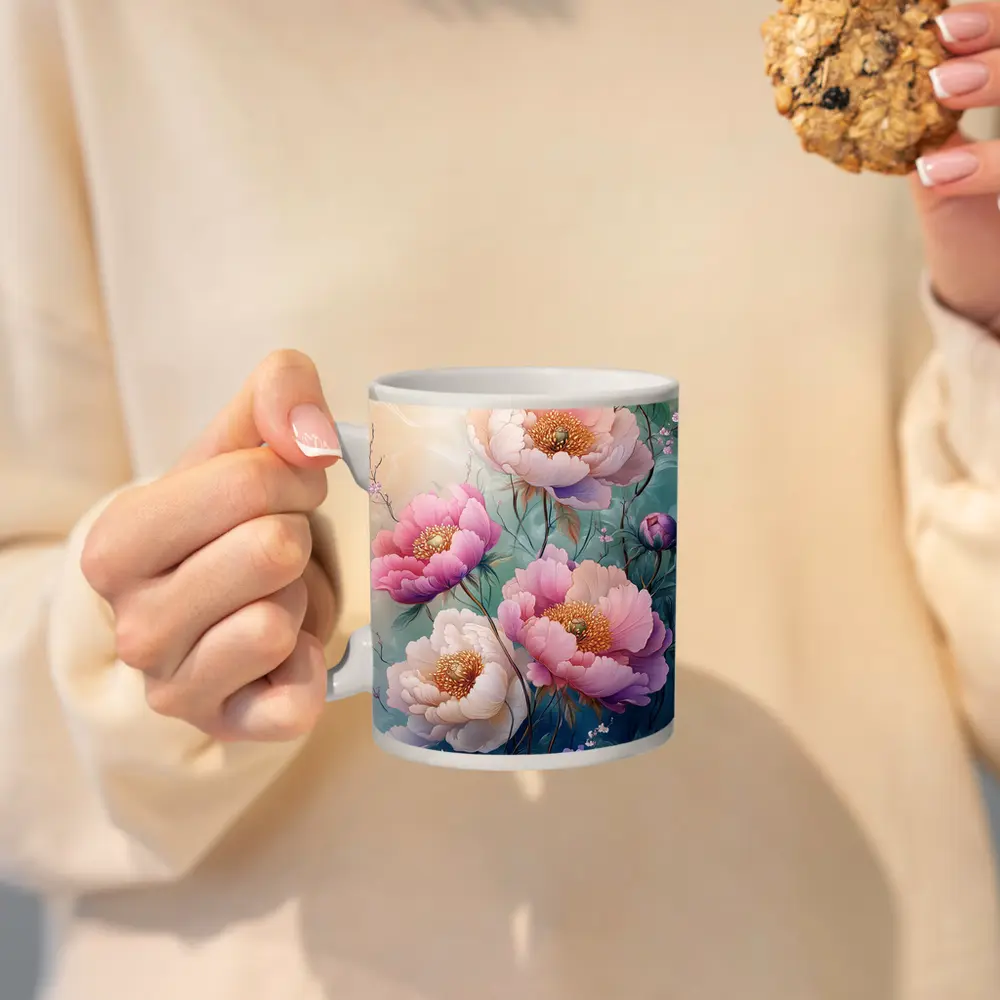 Pink Peony Flowers Soft Teal Background Art – Mugs