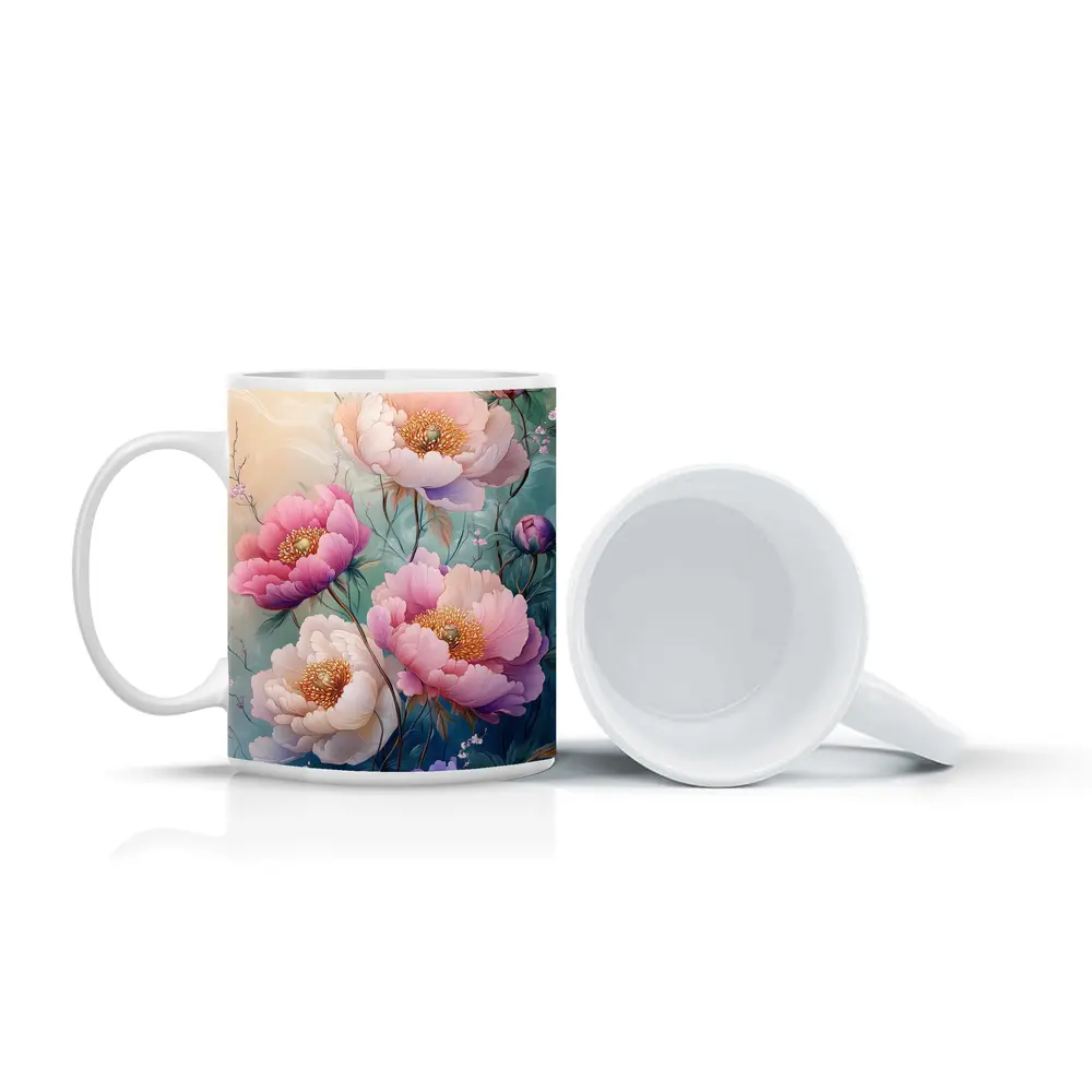 Pink Peony Flowers Soft Teal Background Art – Mugs