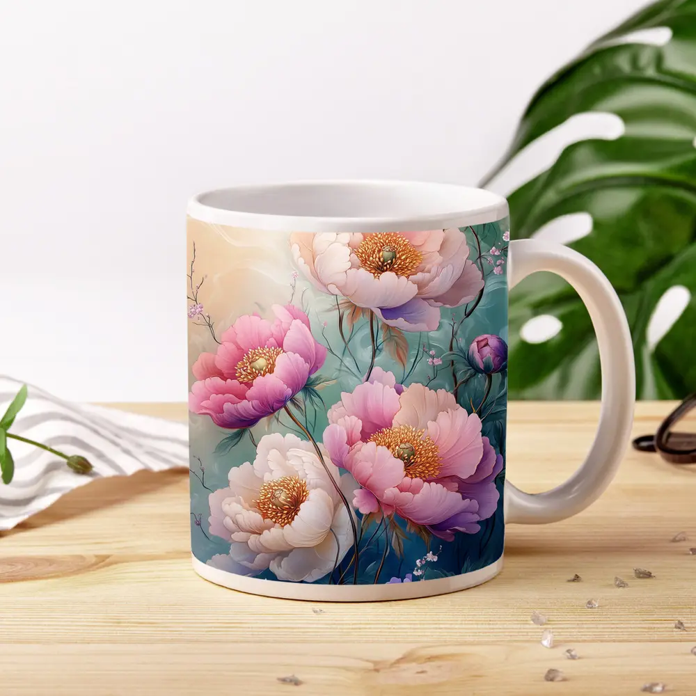 Pink Peony Flowers Soft Teal Background Art – Mugs