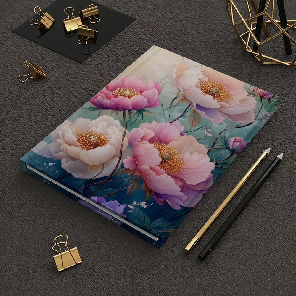 Pink Peony Flowers Soft Teal Background Art – Notebooks