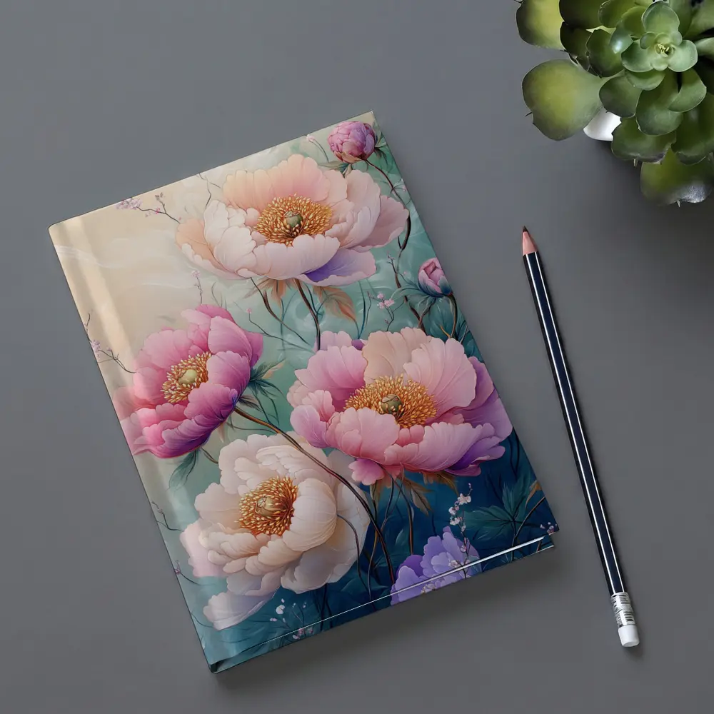 Pink Peony Flowers Soft Teal Background Art – Notebooks