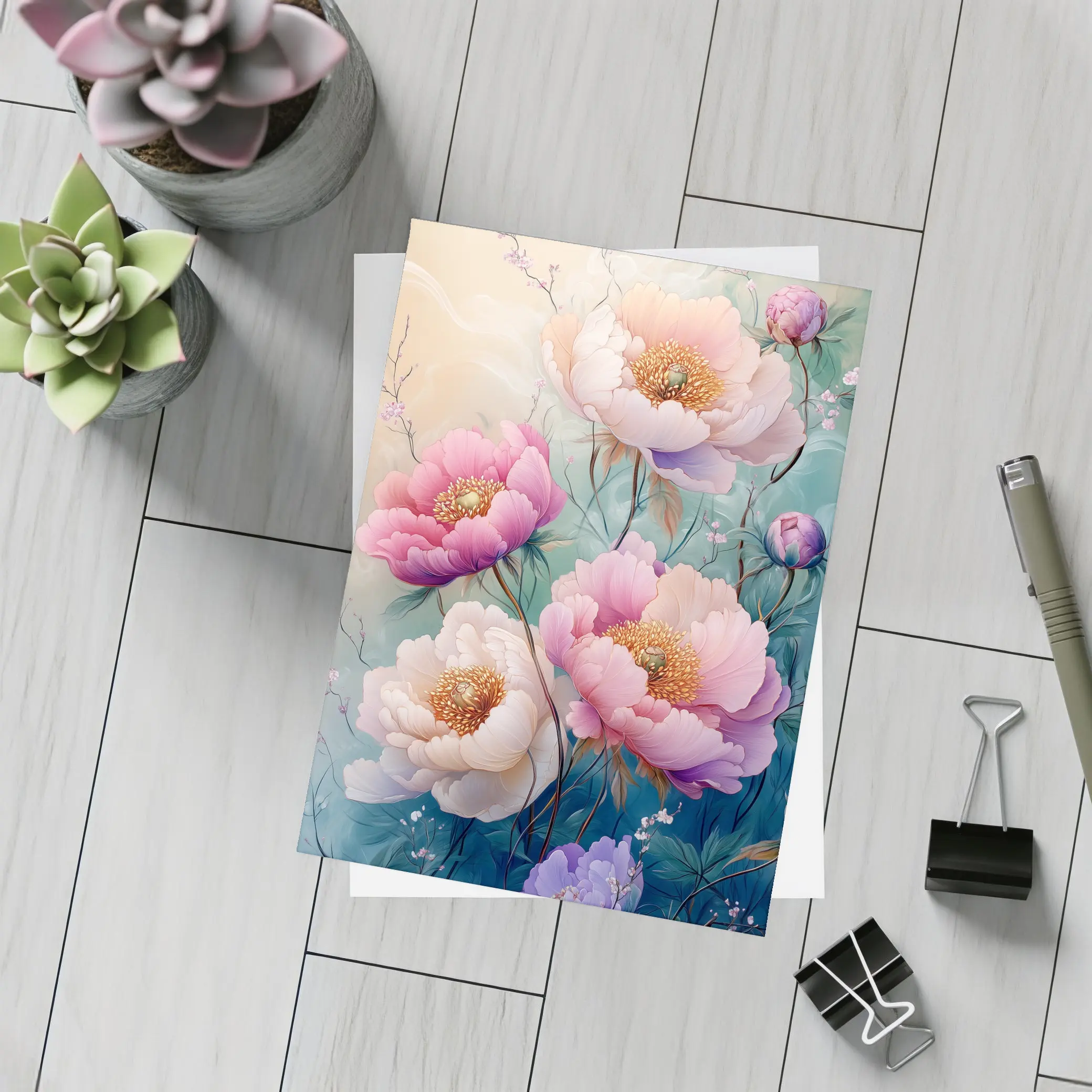 Pink Peony Flowers Soft Teal Background Art – Postcards