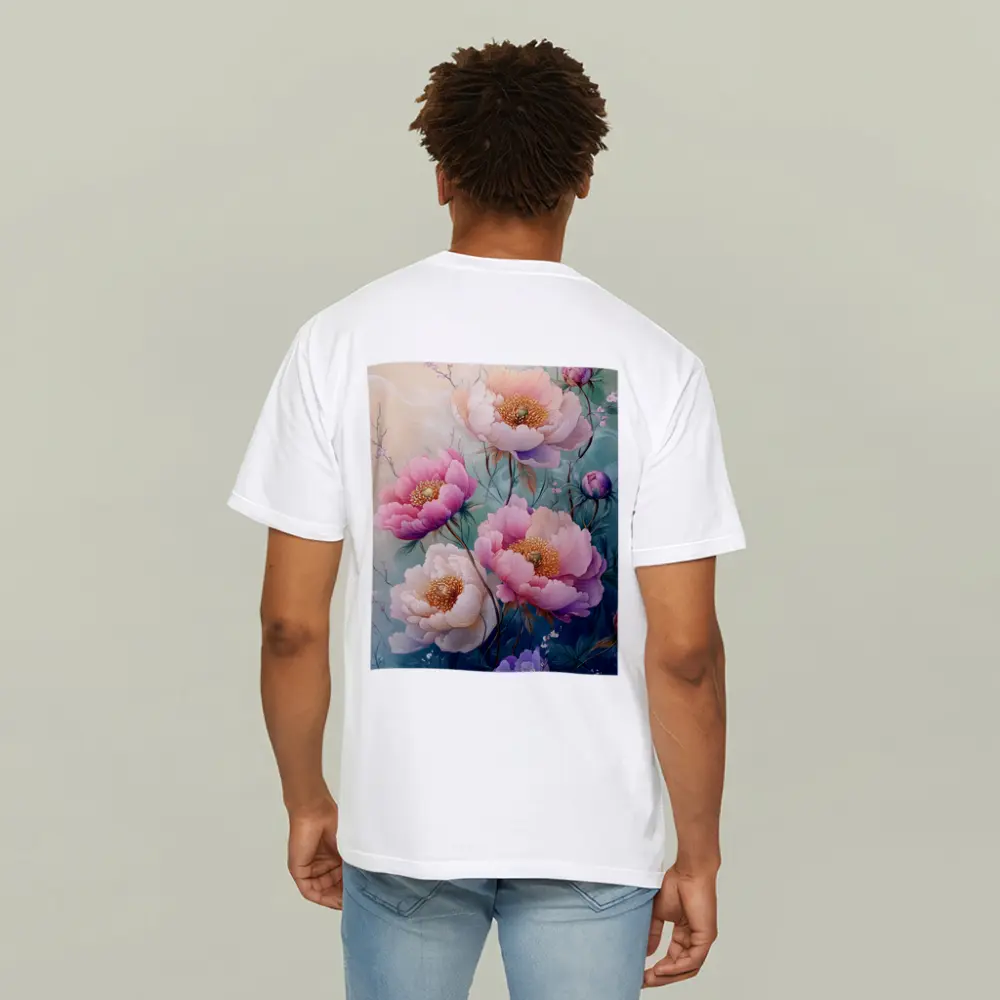 Pink Peony Flowers Soft Teal Background Art – T-Shirts