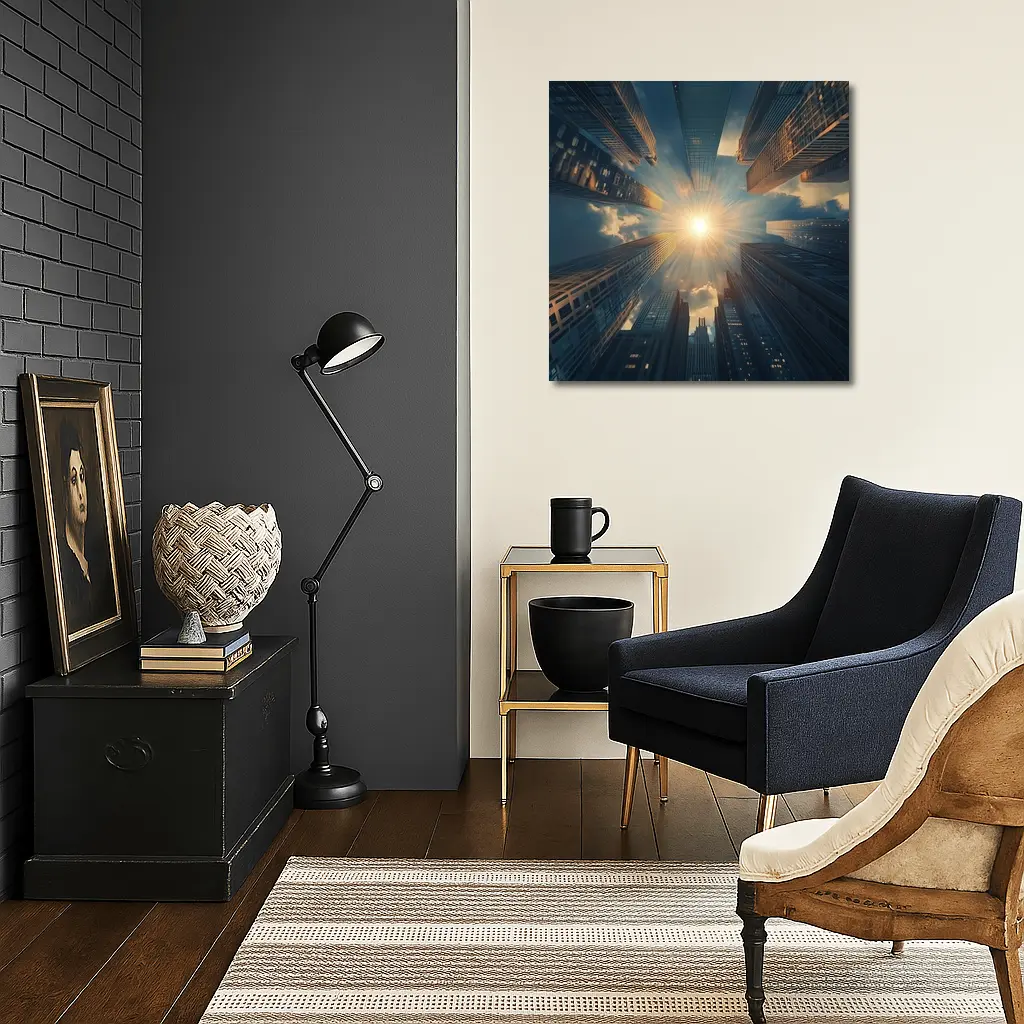 City Skyscrapers Looking Up Sunburst Sky – Wall Art