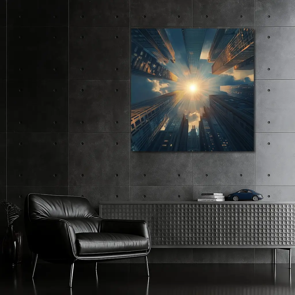 City Skyscrapers Looking Up Sunburst Sky – Wall Art