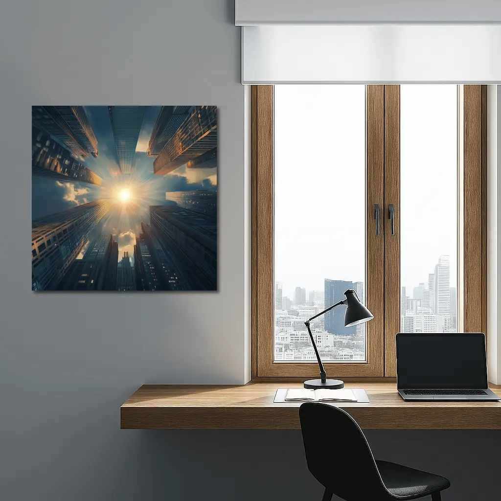 City Skyscrapers Looking Up Sunburst Sky – Wall Art