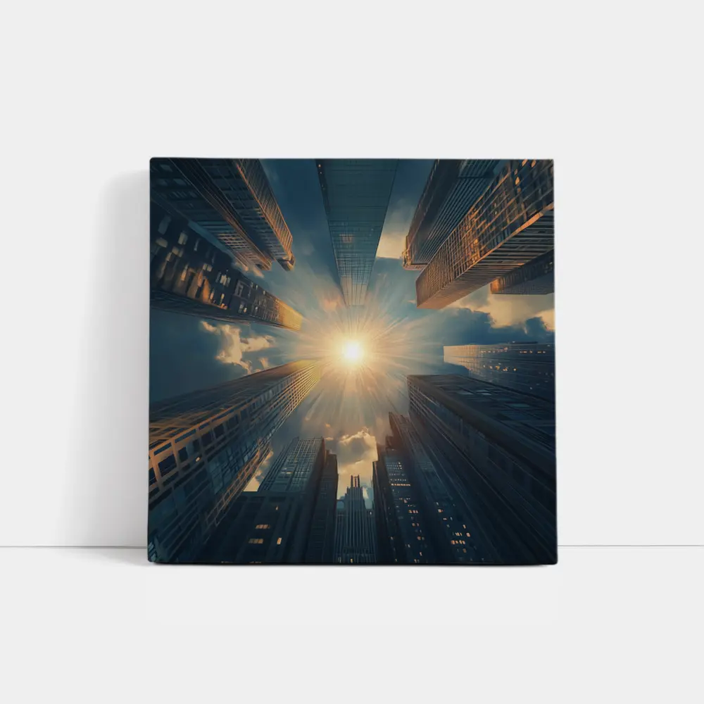 City Skyscrapers Looking Up Sunburst Sky – Wall Art