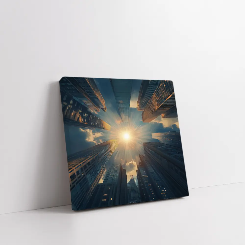City Skyscrapers Looking Up Sunburst Sky – Wall Art