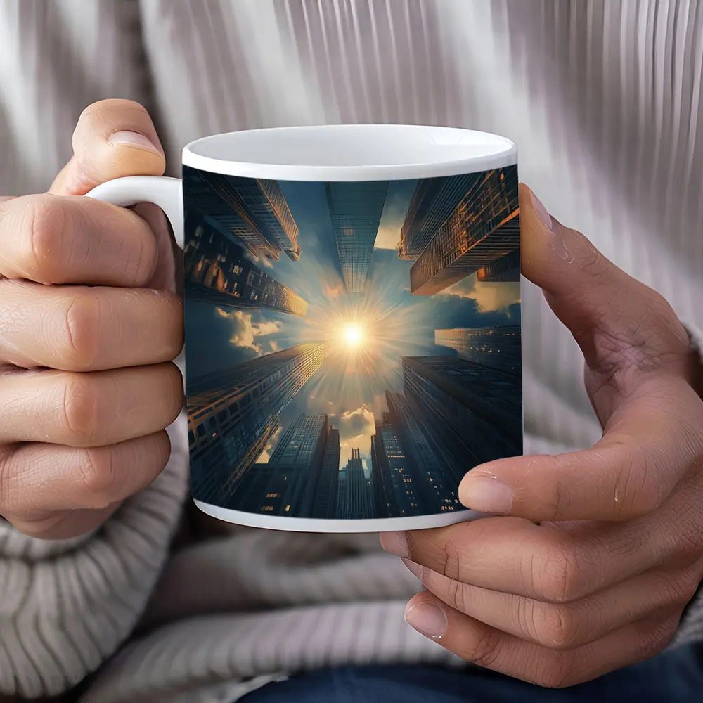 City Skyscrapers Looking Up Sunburst Sky – Mugs