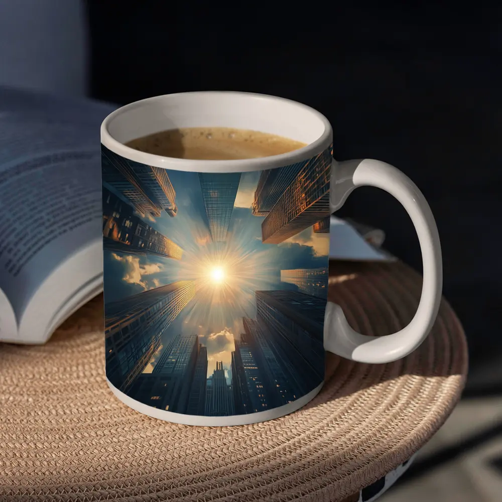 City Skyscrapers Looking Up Sunburst Sky – Mugs