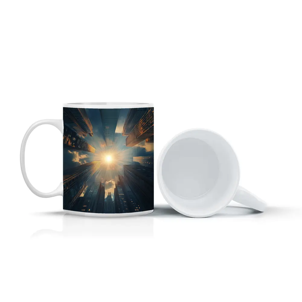 City Skyscrapers Looking Up Sunburst Sky – Mugs