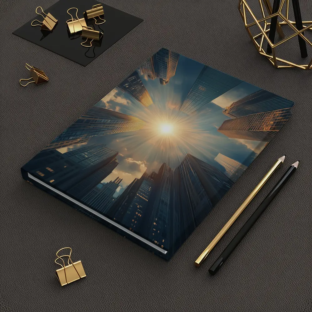 City Skyscrapers Looking Up Sunburst Sky – Notebooks