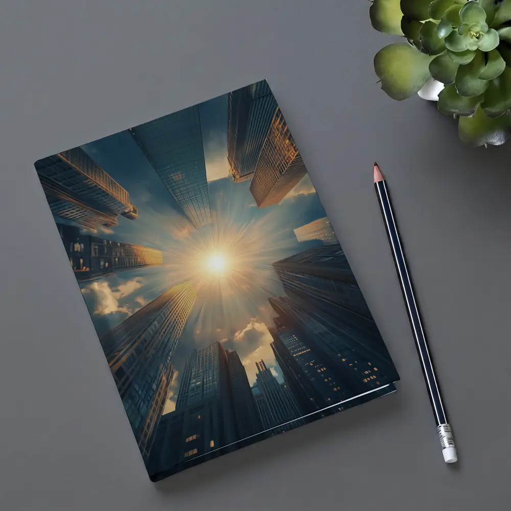 City Skyscrapers Looking Up Sunburst Sky – Notebooks