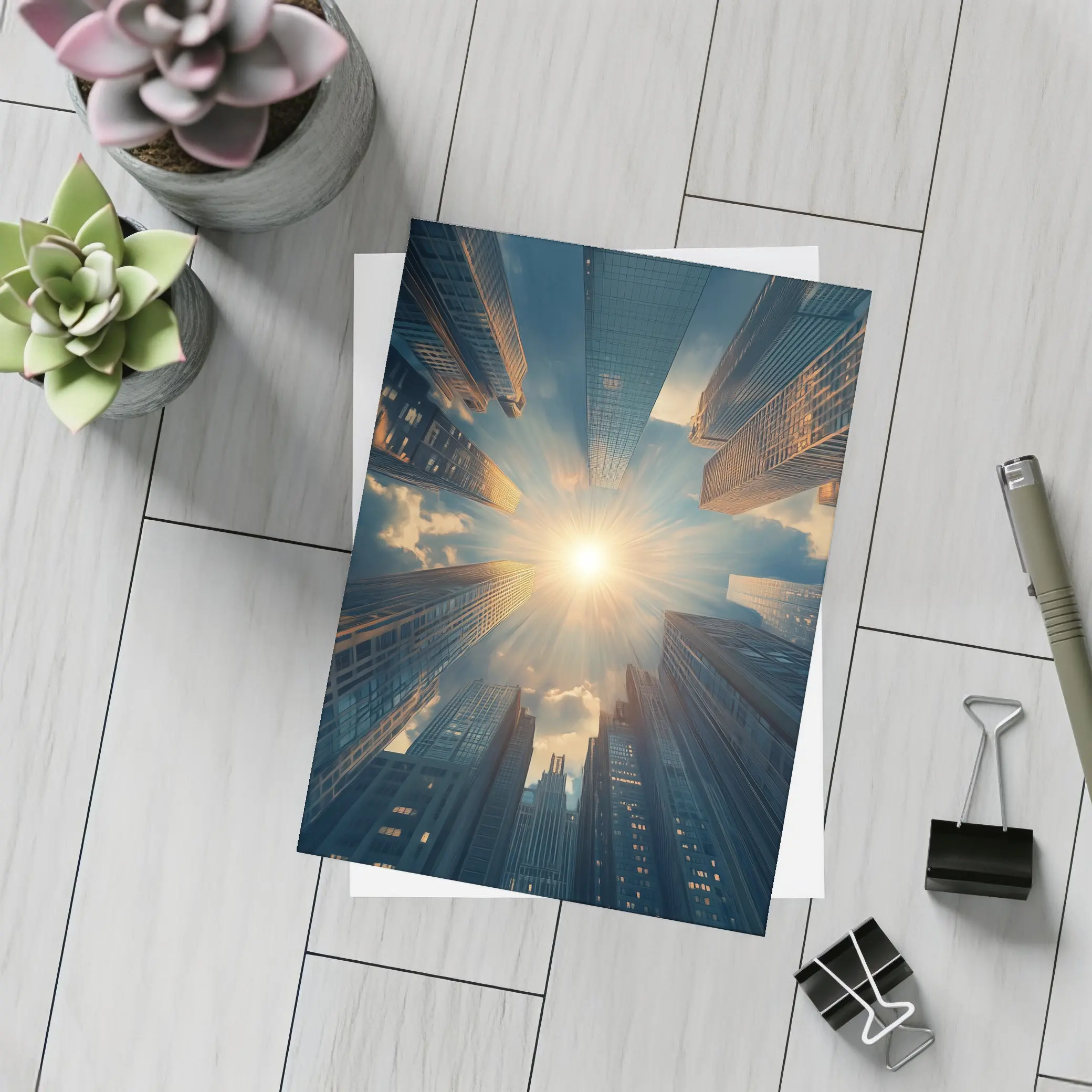 City Skyscrapers Looking Up Sunburst Sky – Postcards