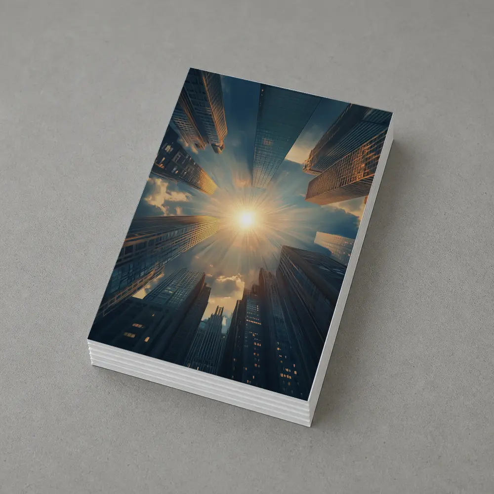 City Skyscrapers Looking Up Sunburst Sky – Postcards