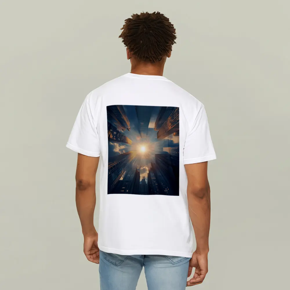 City Skyscrapers Looking Up Sunburst Sky – T-Shirts