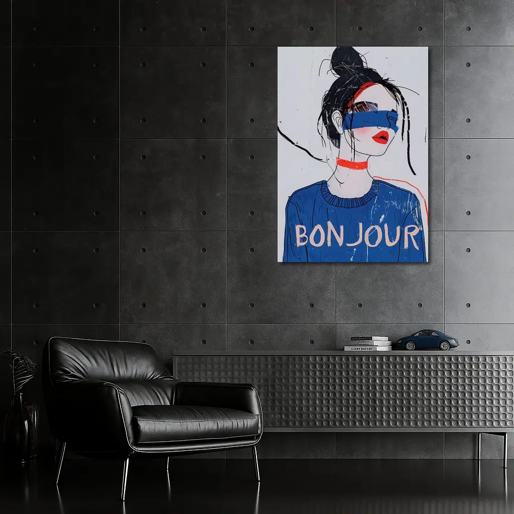Bonjour Girl Blue Sweater Fashion Illustration Art – Wall Art
