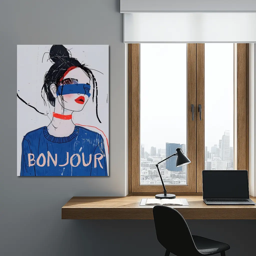 Bonjour Girl Blue Sweater Fashion Illustration Art – Wall Art