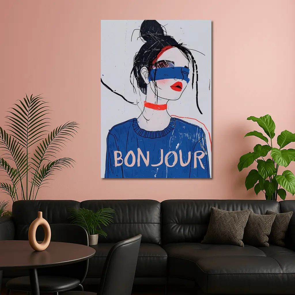 Bonjour Girl Blue Sweater Fashion Illustration Art – Wall Art