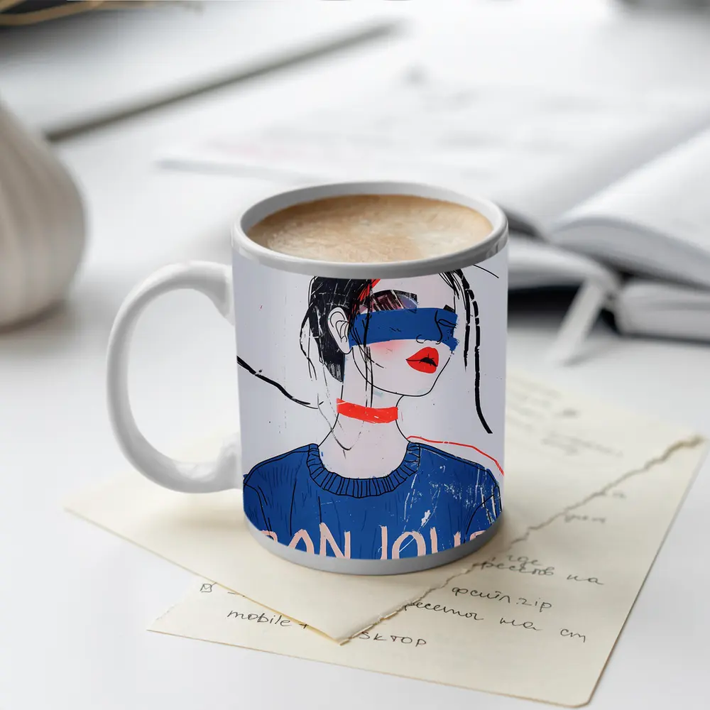 Bonjour Girl Blue Sweater Fashion Illustration Art – Mugs