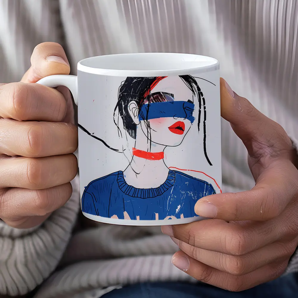 Bonjour Girl Blue Sweater Fashion Illustration Art – Mugs