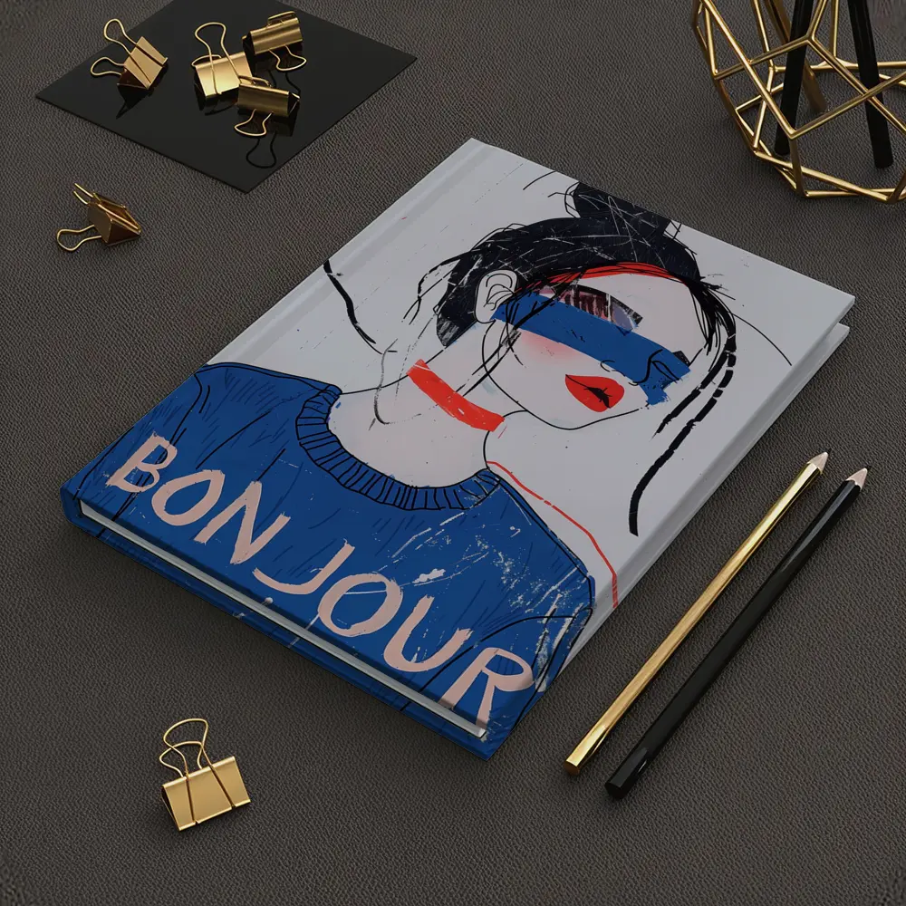 Bonjour Girl Blue Sweater Fashion Illustration Art – Notebooks