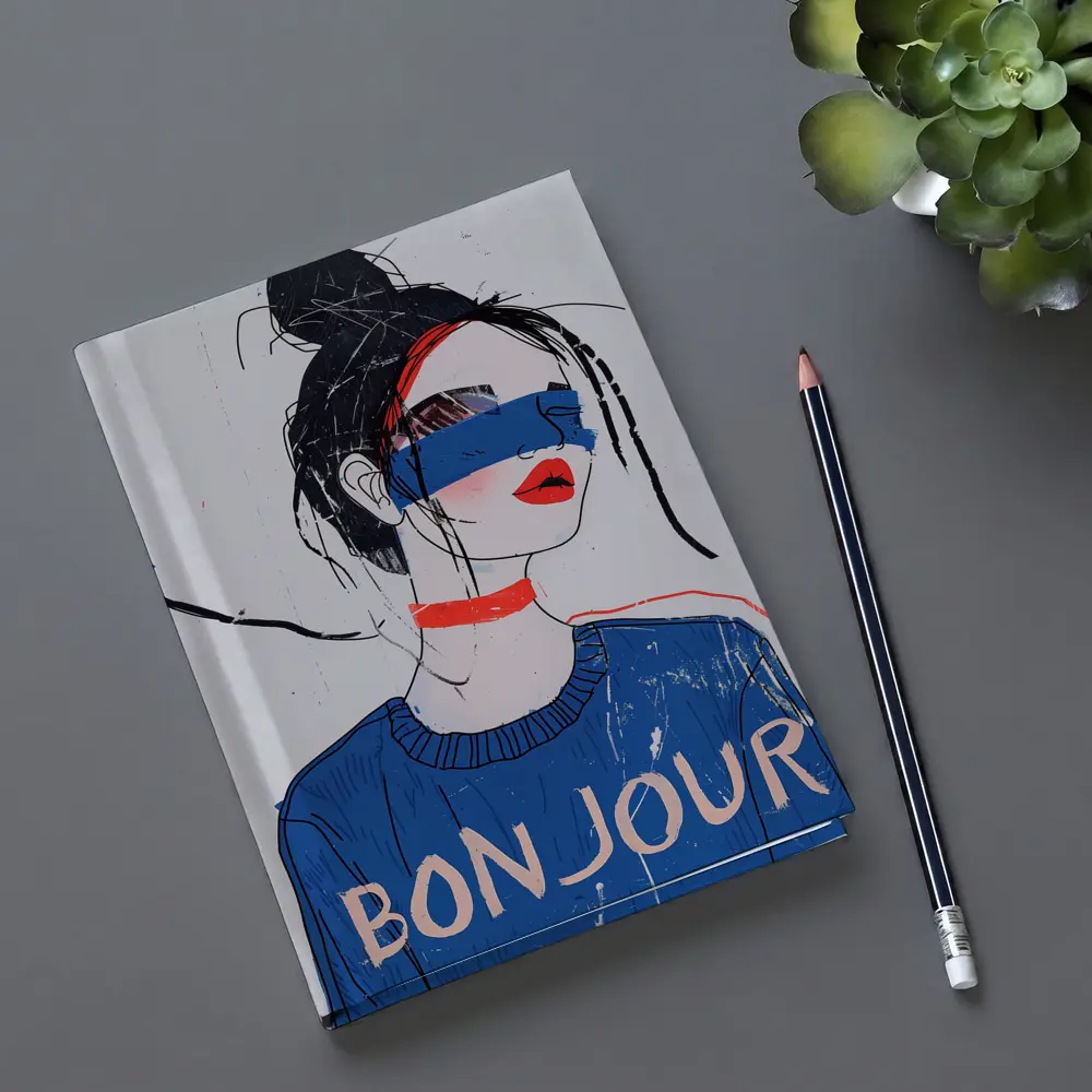 Bonjour Girl Blue Sweater Fashion Illustration Art – Notebooks