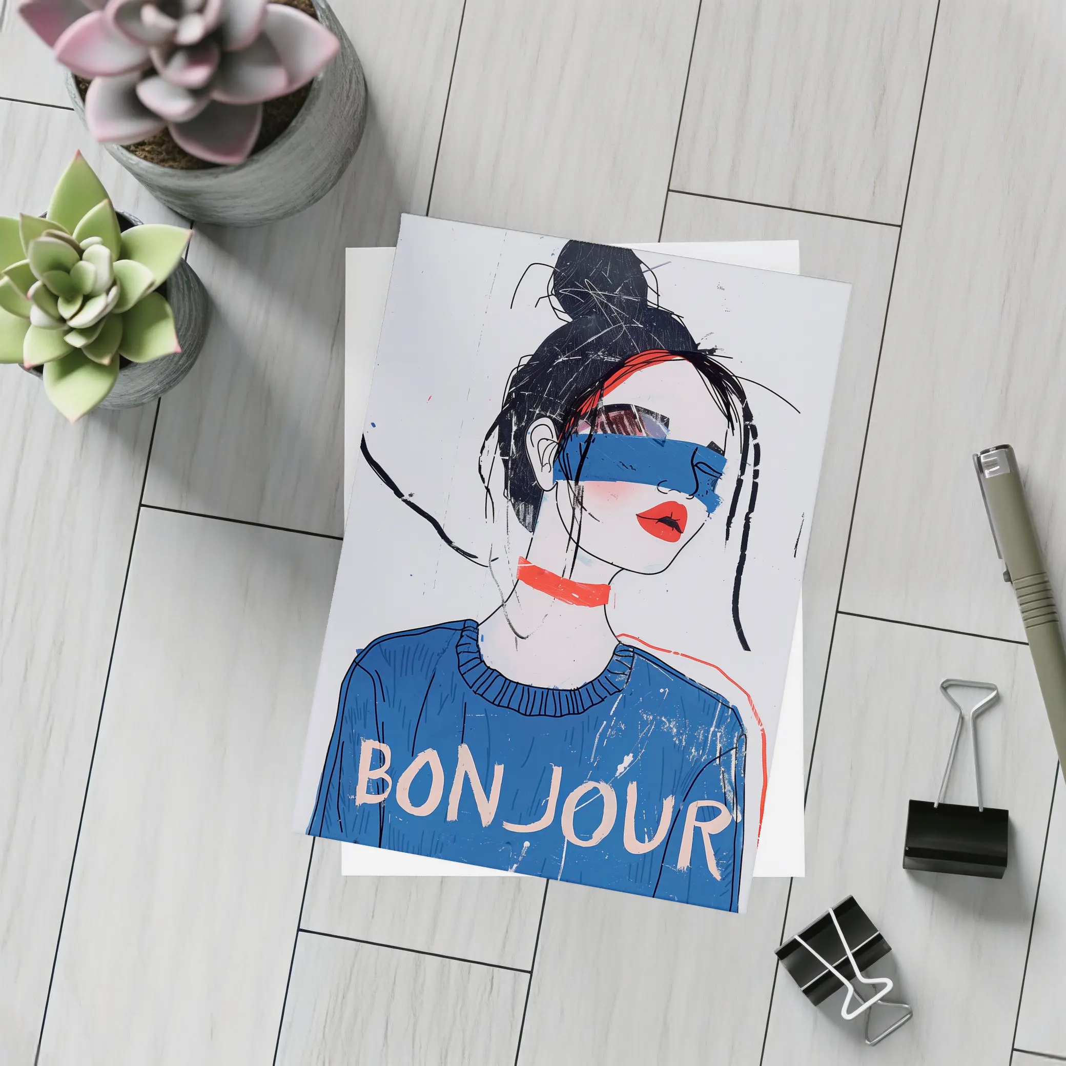 Bonjour Girl Blue Sweater Fashion Illustration Art – Postcards