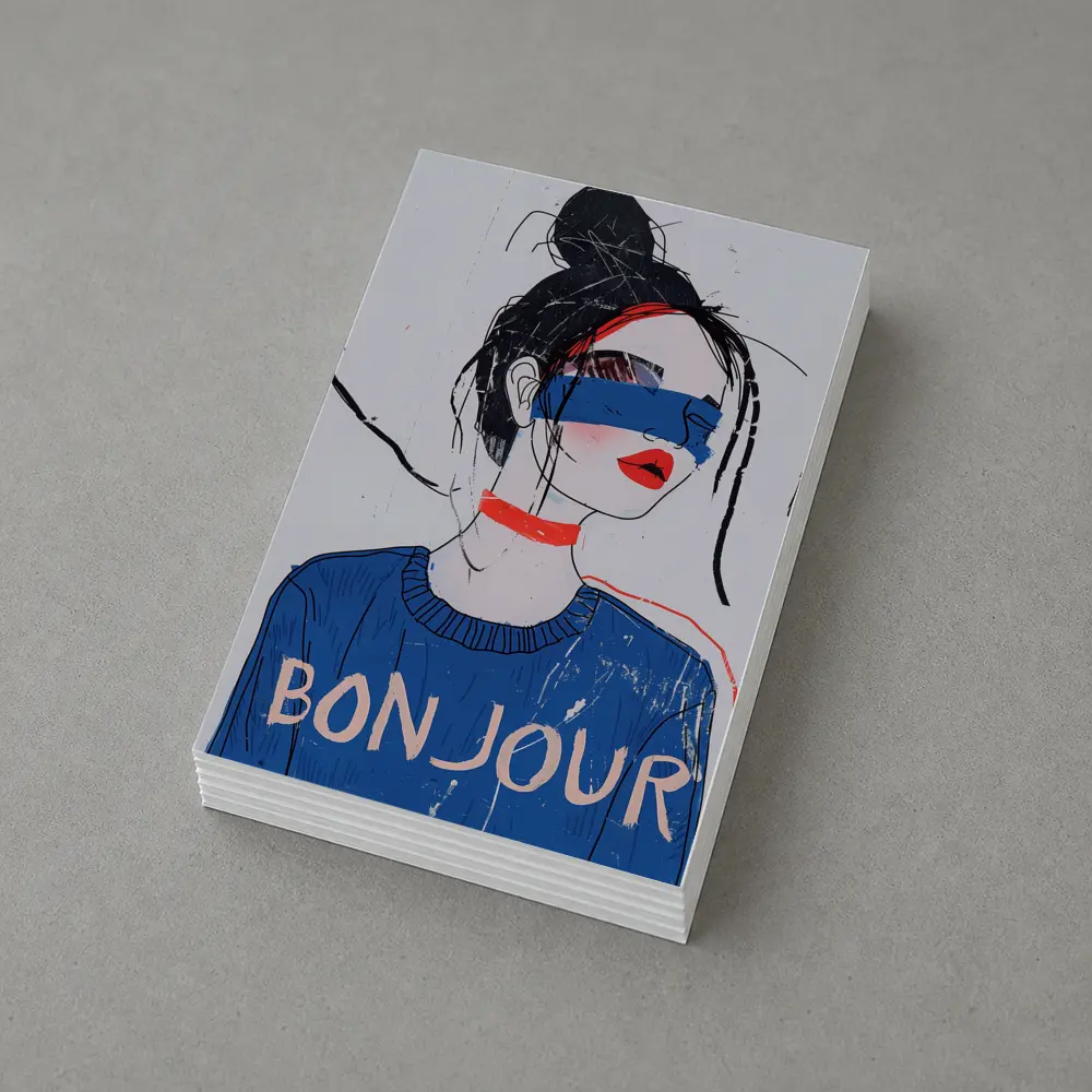 Bonjour Girl Blue Sweater Fashion Illustration Art – Postcards