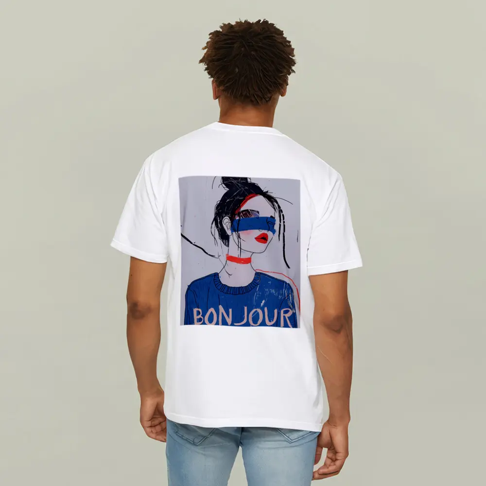 Bonjour Girl Blue Sweater Fashion Illustration Art – T-Shirts