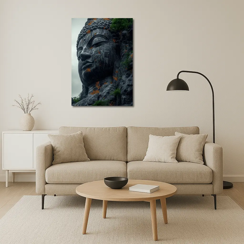 Ancient Buddha Rock Carving Overcast Sky – Wall Art