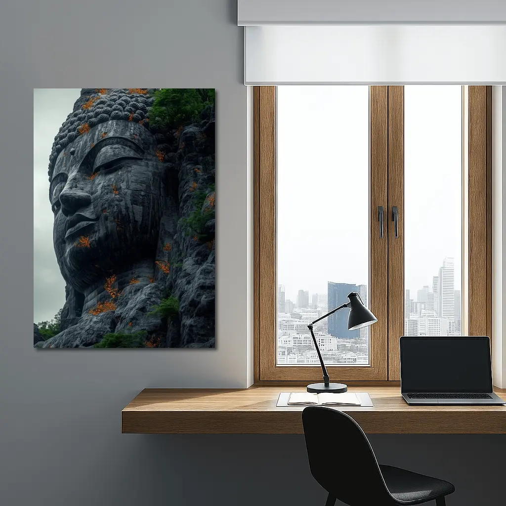 Ancient Buddha Rock Carving Overcast Sky – Wall Art