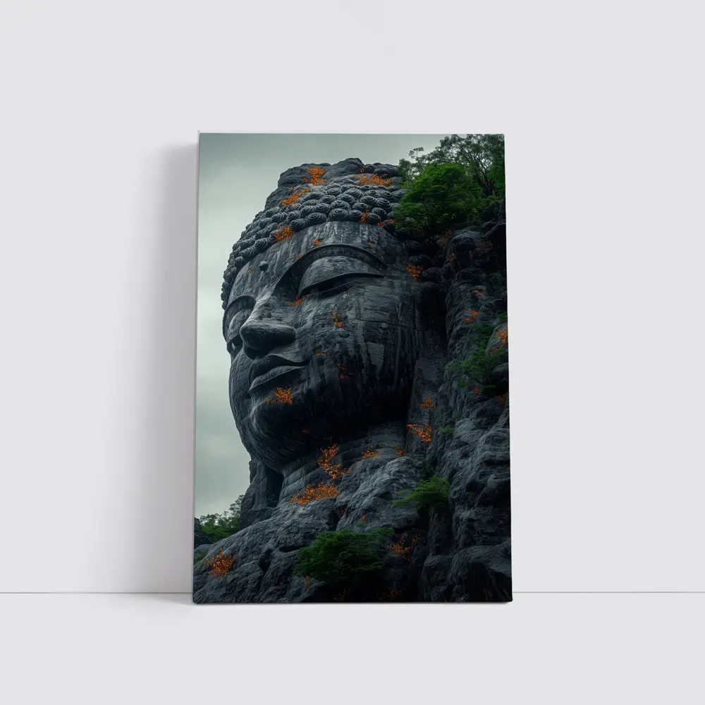 Ancient Buddha Rock Carving Overcast Sky – Wall Art