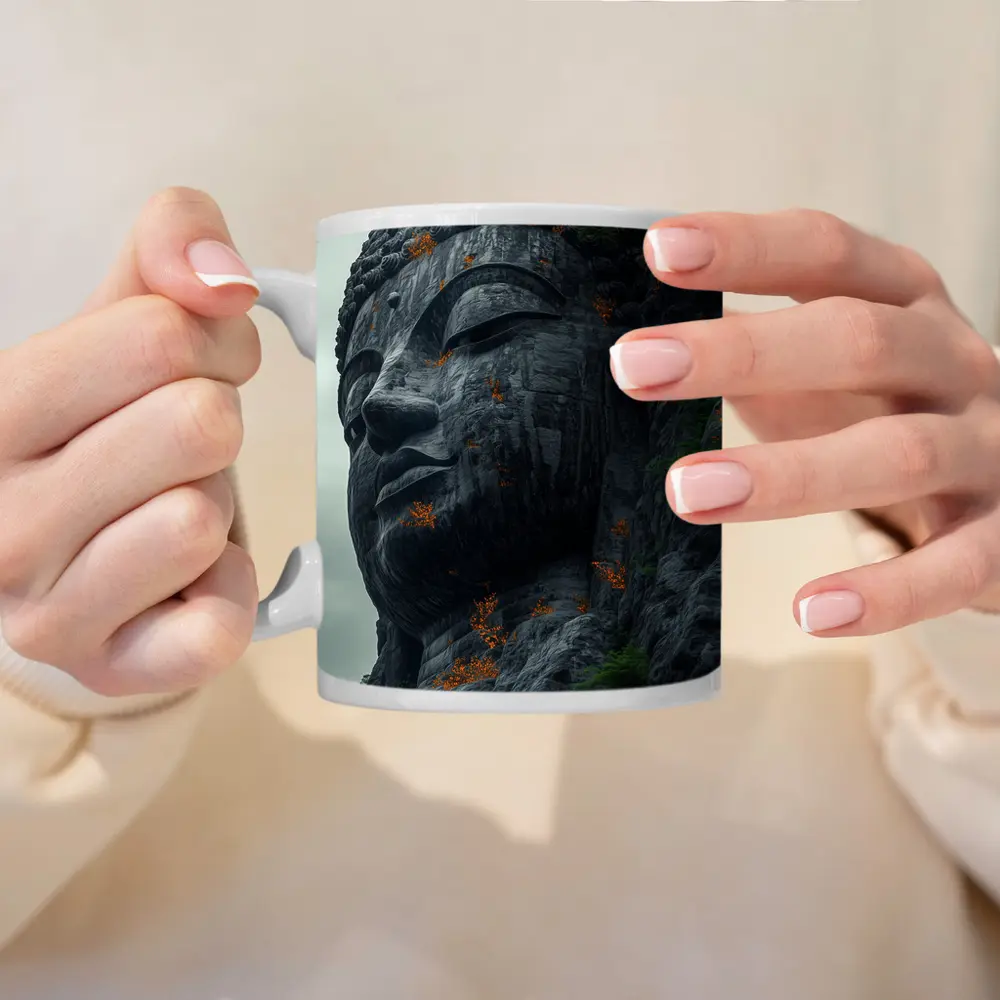 Ancient Buddha Rock Carving Overcast Sky – Mugs
