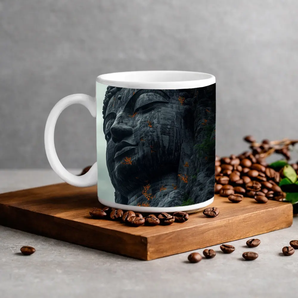 Ancient Buddha Rock Carving Overcast Sky – Mugs